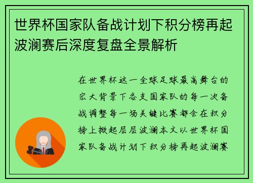 世界杯国家队备战计划下积分榜再起波澜赛后深度复盘全景解析